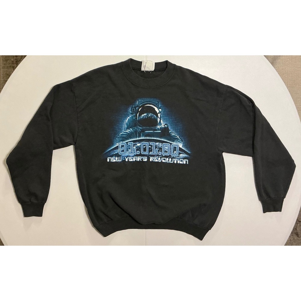 Y2K VTG CSA New Years Revolution Astronaut Neon‎ Sweatshirt Mens L Black Grunge